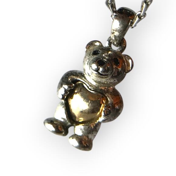 Teddy Bear pendant on dainty sterling chain link necklace - Picture 1 of 11